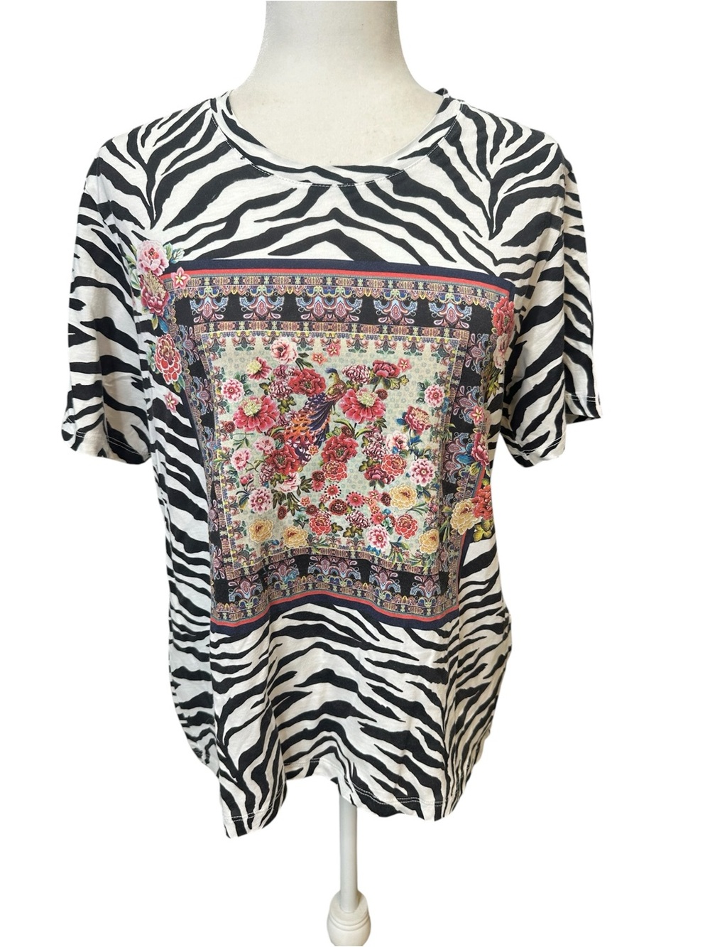 Zebra Print Floral Panel Short Sleeve Top - Black & White